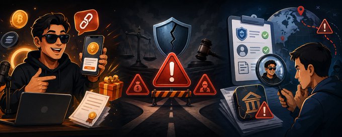 A digital illustration split between a smiling affiliate marketer with Bitcoin symbols, coins, and a gift box on one side, and an investigator with a magnifying glass examining a folder of legal documents and a broken shield with warning signs on the other. The imagery visually reinforces the post's warning that crypto asset affiliate marketing may violate Japan's Financial Instruments and Exchange Act, not only through lending schemes like IZAKA-YA but also through exchange referrals, urging affiliates to verify compliance to avoid future legal repercussions.