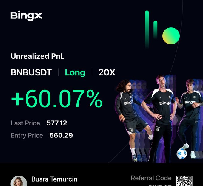 A BingX trading screenshot showcases an unrealized PnL of +60.07% on a 20X long BNBUSDT position, with a last price of 577.12 and entry price of 560.29, credited to "Busra Temurcin" with a referral code—visually supporting the post's claim of a profitable #BNB trade made by their crypto trading group.