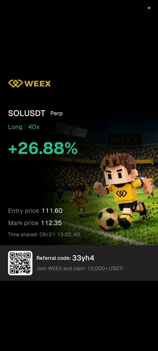 A WEEX trading promotion screen showing a SOLUSDT Perp Long position at 40x leverage with +26.88% gain, entry price 111.60, mark price 112.35, featuring pixel art soccer players and a referral code '33yh4'.