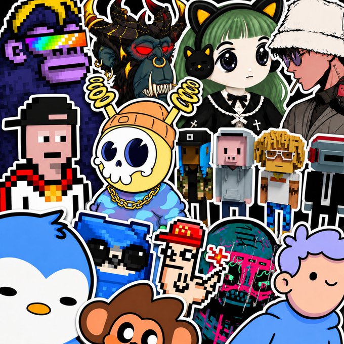 A collage of various NFT character stickers from multiple collections, including pixelated, anime-style, and 3D designs, shown together to represent the eligible Stage 2 communities now open for free mint access.