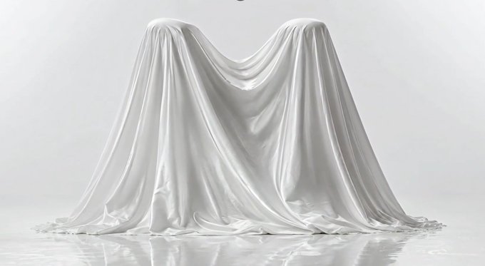 Two figures draped in flowing white sheets stand side-by-side against a white background, their hidden forms creating ghostly silhouettes.