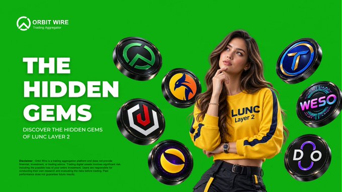 Promotional banner for 'ORBIT WIRE' titled 'THE HIDDEN GEMS' featuring various cryptocurrency tokens including LUNC Layer 2, WESO, and DOO.