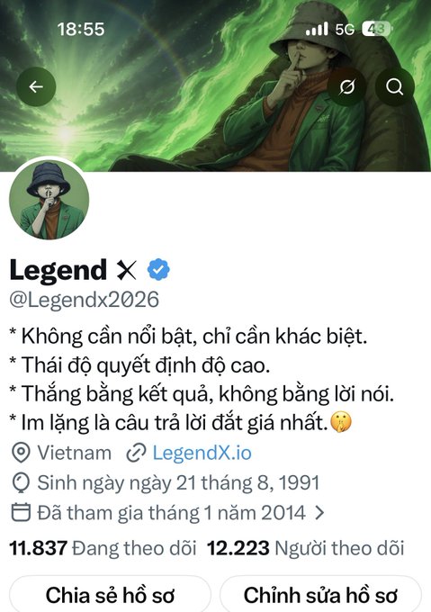 A social media profile screenshot for "Legend X" (@Legendx2026) features an anime-style avatar of a man in a green jacket and hat, with Vietnamese motivational text in the bio and follower stats of 11,837 and 12,223.