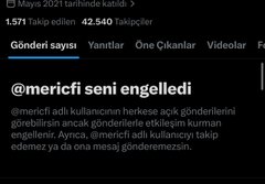 A screenshot of a Turkish X (formerly Twitter) post from @mericfi showing the account blocked the user, with 1,571 followers and 42,540 tweets, alongside a caption noting 20 comments under the tweet — 15 bots, 3 calling the person a scammer — mocking the user for running a paid post.