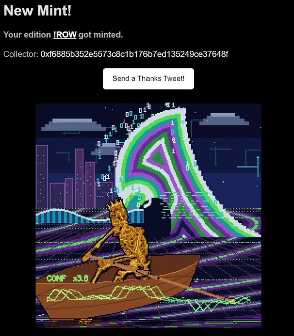 A 'New Mint!' notification for a digital collectible edition '!ROW', minted by collector 0xf6885b352e5573c8c1b176b7ed135249ce37648f, featuring retro pixel art of a golden figure in a boat with binary code and a neon green wave.