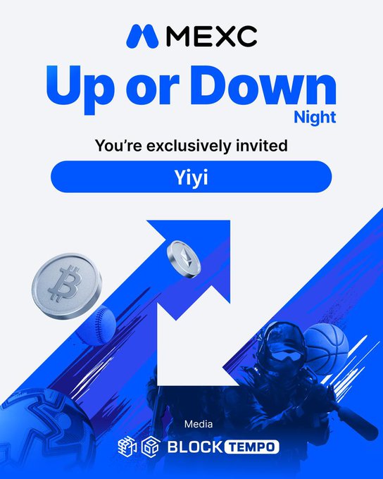 An MEXC 'Up or Down Night' event invitation exclusively for 'Yiyi' featuring Bitcoin coins and sports imagery with BlockTempo Media branding.