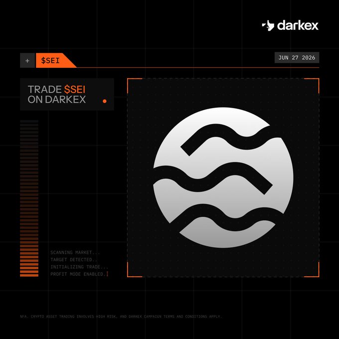 The image is a Darkex promotional graphic announcing "$SEI" trading, dated JUN 27 2026, featuring the Sei blockchain logo (wavy lines inside a circle) framed by orange targeting brackets. Terminal-style text reads "SCANNING MARKET... TARGET DETECTED... INITIALIZING TRADE... PROFIT MODE ENABLED," reinforcing the campaign's message that Sei delivered high-speed performance ahead of competing chains, now available to trade on the Darkex exchange.