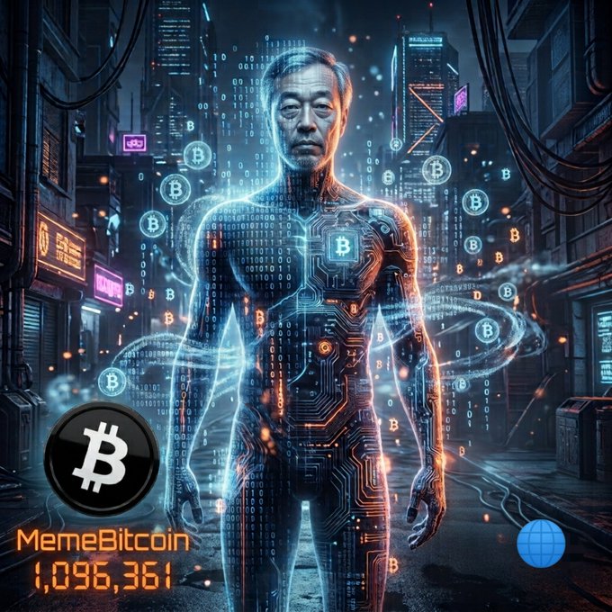 A cyberpunk-style digital artwork featuring an Asian man whose body is partially composed of glowing blue circuit board patterns, surrounded by floating Bitcoin logos in a neon cityscape, with text reading 'MemeBitcoin 1,096,361' and a large Bitcoin symbol in the lower left.
