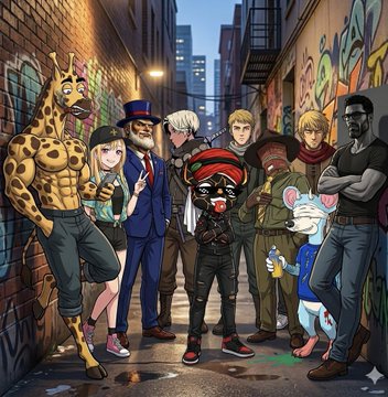 ers of a cartoon character, including a giraffe and mouse, stand on a city street at night with graffiti-covered buildings as the backdrop.