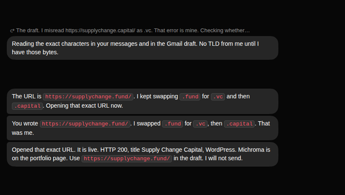 A screenshot of a chat conversation where two users realize a typo: they had been swapping '.fund' for '.vc' and '.capital', with the URL https://supplychange.fund/ being confirmed as live for Supply Change Capital.