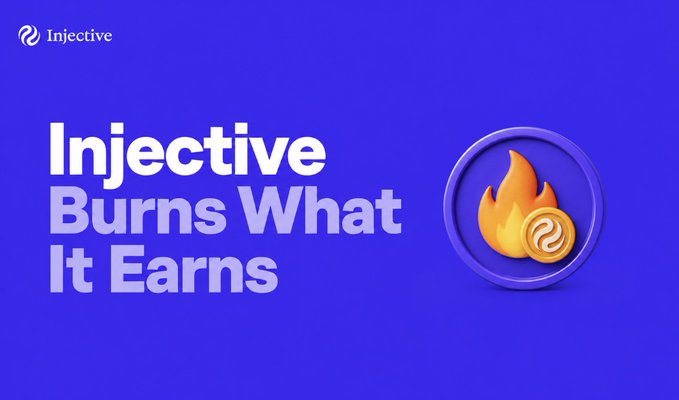 A promotional graphic for Injective featuring the text "Injective Burns What It Earns" alongside a fire icon with the INJ token, illustrating the post's explanation of the protocol's token burn mechanism where 60% of weekly fees are collected and destroyed.