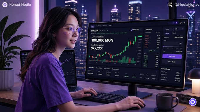 An anime-style illustration depicts a young woman with glasses at a trading setup, with her monitor displaying 'MON/USD' at '100,000 MON' and a portfolio value of '$XX,XXX', branded with 'Monad Media' watermarks.