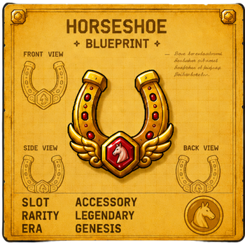 The image shows a "Horseshoe Blueprint" item card from what appears to be a game, marked as Legendary rarity with a "0.025% drop rate" as noted in the post, displaying the horseshoe from front, side, and back views with its ornate gold and red gem design. The post congratulates someone on obtaining this extremely rare accessory.
