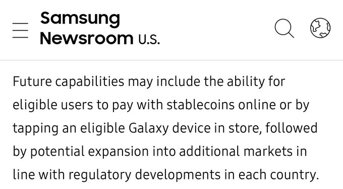 Screenshot from the Samsung Newsroom U.S. website containing text about future capabilities including 'paying with stablecoins online or by tapping an eligible Galaxy device in store.'