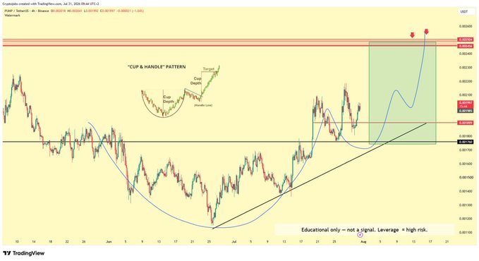 A TradingView chart of $PUMP/USDT on Binance displays a cup and handle pattern with a projected target near $0.0085, highlighting a +60% gain from late July. The chart features green and red candles, moving averages, and horizontal resistance zones, visually reinforcing the post's claim of strong recent upward momentum.