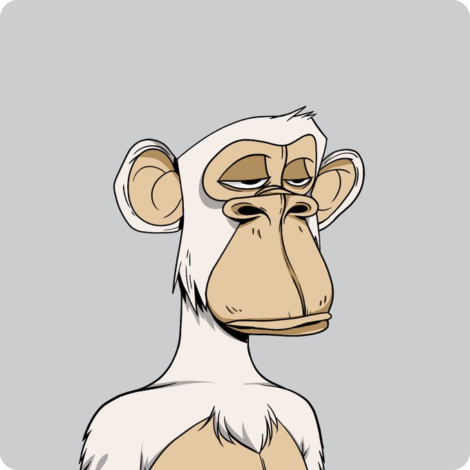 A cartoon-style illustration of a Bored Ape Yacht Club (BAYC) NFT monkey with a disinterested expression, white fur, and a beige face, visually representing the rare "double-bored 4-trait" BAYC mentioned in the post. The image pairs with the caption to highlight the extreme rarity of this particular NFT in the collection.