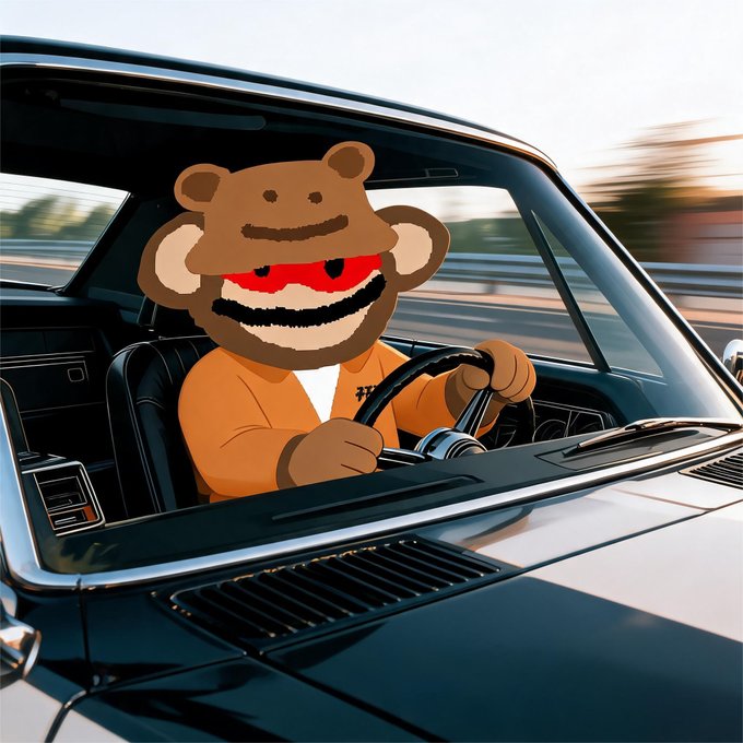 A cartoon monkey with a teddy bear-shaped helmet and orange jumpsuit drives a car, with motion blur suggesting high speed.