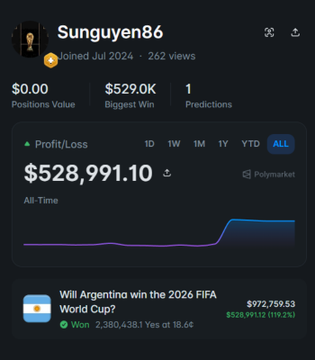 The image shows a Polymarket profile for user "Sunguyen86," who joined in July 2024 with 262 views, a biggest win of $529.0K, 1 prediction, and an all-time profit/loss of $528,991.10, displayed alongside a chart. The featured position is on "Will Argentina win the 2026 FIFA World Cup?" at "Won 2,380,438.1 Yes at 18.4¢," netting $528,991.52 (119.2%) for a payout of $972,759.53—matching the post's claim of a conservative Argentina fan who placed a single large bet and held it to a profitable exit.