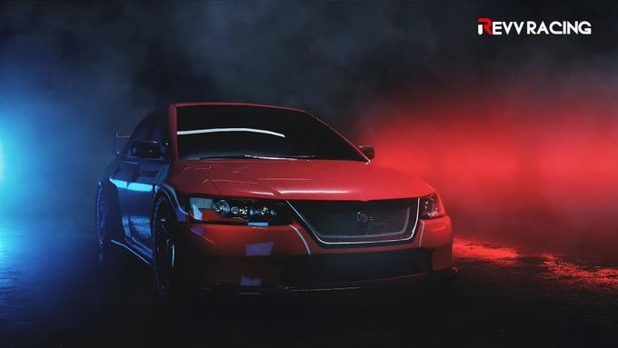 A dark, dramatic shot of a red sports car illuminated by red and blue lighting with smoke in the background, featuring the 'REVVRACING' logo in the upper right corner.