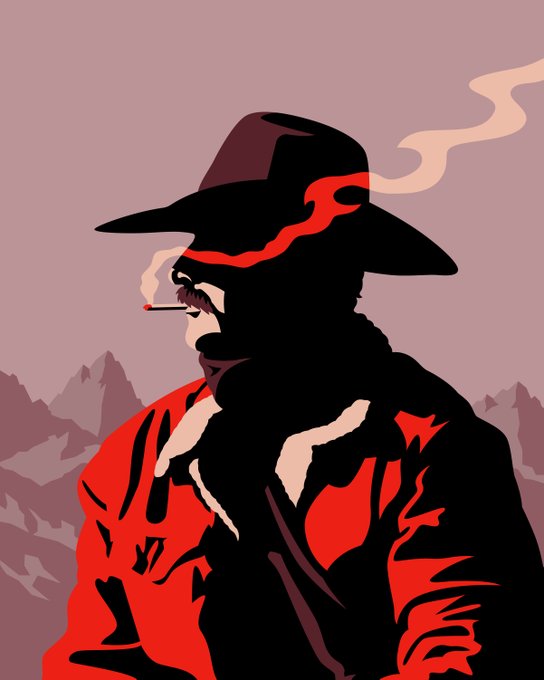 A stylized pop-art illustration of a mysterious figure wearing a wide-brimmed black hat and red jacket, smoking a cigarette with smoke trailing upward against a mountainous backdrop.