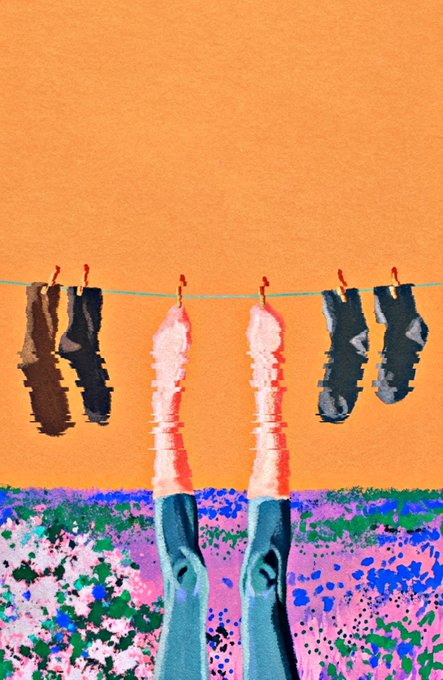 A stylized illustration shows clothes hanging on a clothesline—including two pinkish garments in the center being clipped and transformed into legs wearing denim jeans, set against a vivid orange sky above a splatter-painted field of pink, blue, and green. The accompanying post "LE 10 | 0.012E" appears to be a digital art listing, with the surreal "laundry as legs" imagery reinforcing its playful, transient.xyz aesthetic.
