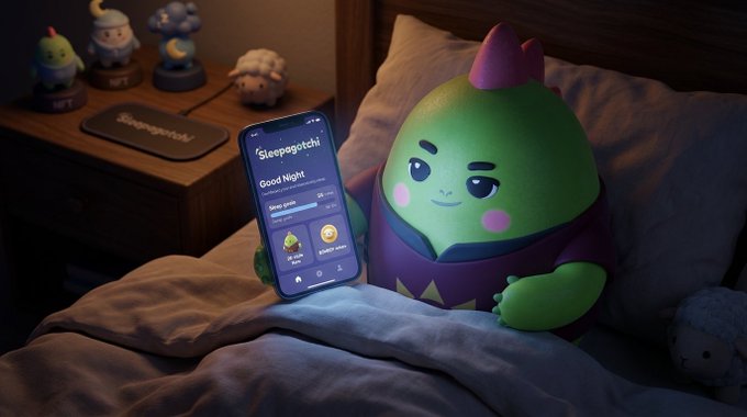 A 3D-rendered green creature with pink cheeks and a pointed hat lies in bed holding a smartphone displaying a 'Sleepagotchi' app, with smaller figurines visible on the nightstand.