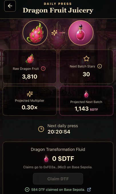 A mobile app screen for 'Dragon Fruit Juicery' displays 'Raw Dragon Fruit' at 3,810, 'Next Batch Stars' at 30, a 'Projected Multiplier' of 0.30x, a 'Projected Next Batch' of 1,143 $DTF, and a countdown timer of 20:20:54 for the next daily press.