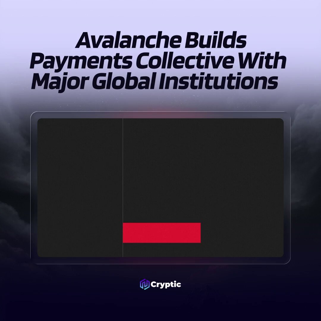 The image features a black square with a red "X" in the center of it. Below this, there are some text that reads "AVALANCHE BUILDS PAYMENTS COLLECTIVE WITH MAJOR GLOBAL INSTITUTIONS". The main focus is on the red "X", which appears to be a symbol or logo related to the Avalanche Payments Collective project.