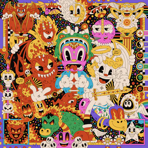 A vibrant, densely packed illustration featuring numerous colorful cartoon characters including demons, angels, skulls, and faces in a pop-art style with psychedelic patterns.