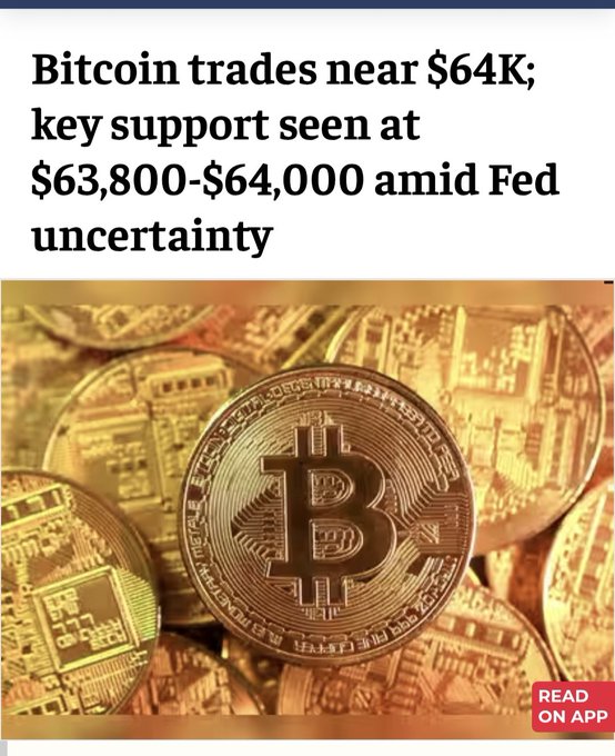 A news article with the headline 'Bitcoin trades near $64K; key support seen at $63,800-$64,000 amid Fed uncertainty' accompanied by an image of gold-colored Bitcoin tokens.