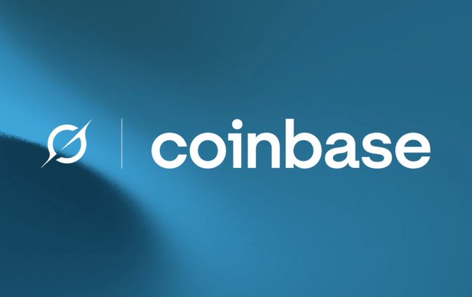 The image shows the Coinbase logo (a blue circular icon with a diagonal slash) alongside the white "coinbase" text on a blue gradient background, visually representing the cryptocurrency exchange platform mentioned in the post about Grok's new ability to trade and manage portfolios on Coinbase directly through chat.