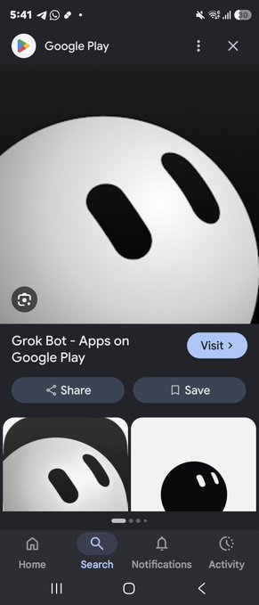 A mobile screenshot of the Google Play store showing the Grok Bot app page.