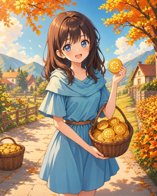 An anime-style illustration of a smiling girl in a blue dress holding a basket filled with gold coins in an autumn village setting.