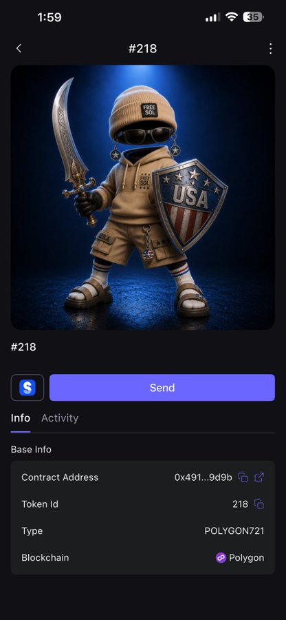 A smartphone screenshot displays an NFT trading interface showing token #218, a stylized figure in a beige "Free SOL" hoodie wielding a sword and a "USA" shield, listed with contract address 0x491...9d9b, Token ID 218, on the Polygon blockchain. The post promotes a giveaway of these "Unseen Guardians NFTs" by @SafemoonYolo, with this image likely serving as a visual example of one of the prize NFTs.