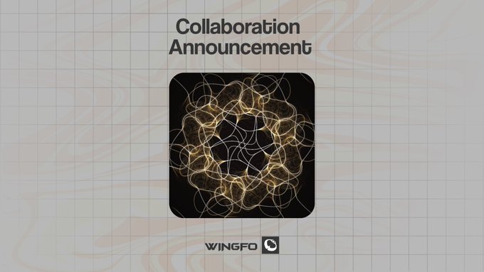A "Collaboration Announcement" graphic featuring a glowing golden geometric flourish design on a black background, with the "WINGFO" logo displayed below, introducing a partnership with the onchain generative art collection @0xInheritance.