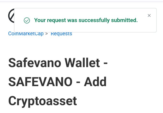 A CoinMarketCap confirmation page showing 'Your request was successfully submitted' for 'Safevano Wallet - SAFEVANO - Add Cryptoasset'.