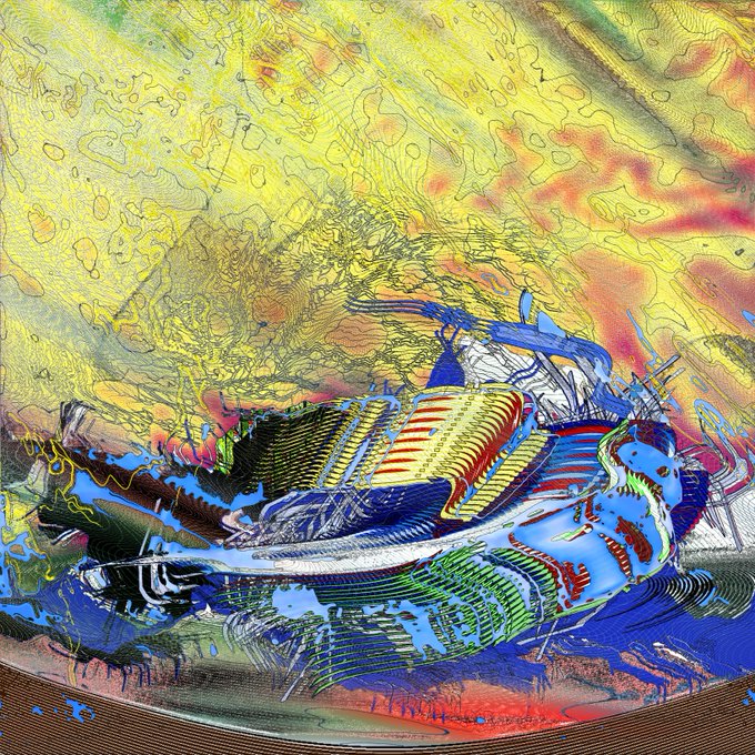 A vibrant, abstract digital artwork featuring swirling yellow and orange patterns in the background with a stylized, glitchy blue and red mechanical or aquatic form in the foreground.