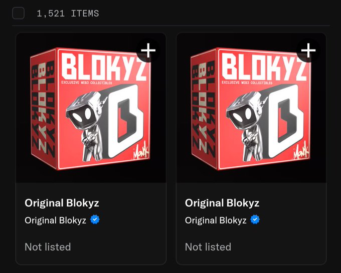 Two unlisted “Original Blokyz” NFTs are shown in a collection with 1,521 items, supporting the post that @OriginalBlokyz acquired his Blokyz before the public raffle.