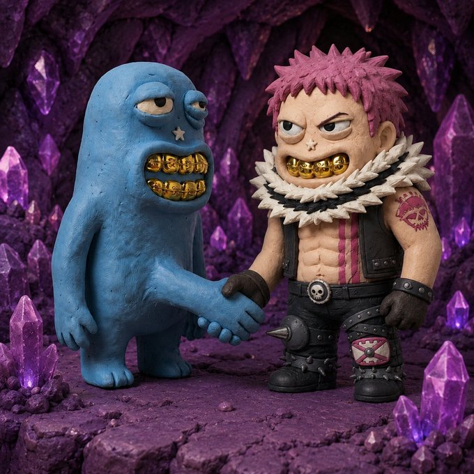 Two edgy claymation-style figures—a blue ghost-like creature with gold teeth and a punk-styled warrior with pink spiky hair and skull belt buckle—shake hands in a glowing purple crystal cave. The image complements the post's playful "Just t00n it" collaboration message between @just_t00ns and @0xAlphaGEMs, showcasing the toonish NFT art style central to their partnership.