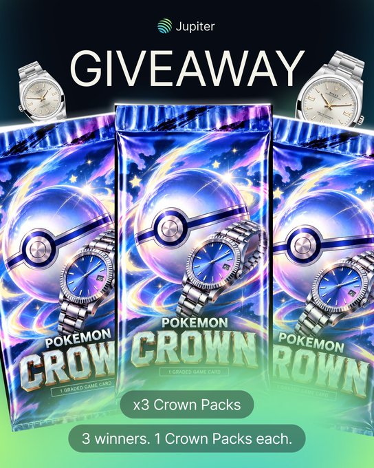 A promotional graphic for a 'Jupiter GIVEAWAY' showing three 'POKÉMON CROWN' card packs and watches, stating 'x3 Crown Packs' and '3 winners. 1 Crown Packs each.'