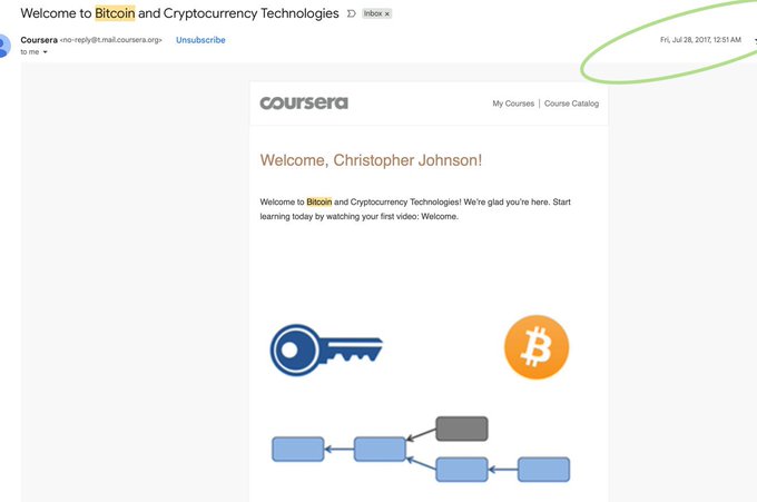 The image shows an email screen with a message that says "Welcome, Christopher Johnson!". The email also contains a key icon and a Bitcoin symbol. The text indicates that the course was completed in July of 2016, and the instructor's name is Christopher Johnson.