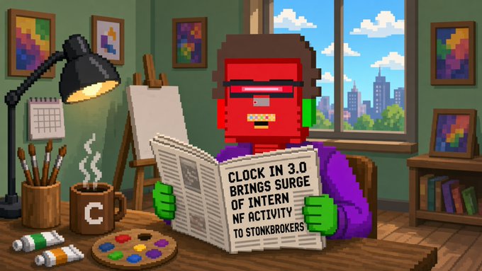 A pixel-art illustration shows a red Frankenstein-like character reading a newspaper headlined 'CLOCK IN 3.0 BRINGS SURGE OF INTERN NF ACTIVITY TO STONKBROKERS' in an artist's studio.