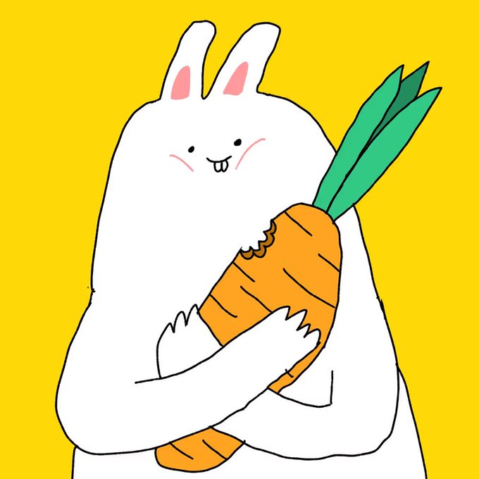 A cartoon illustration of a chubby white bunny with pink cheeks happily hugging a large orange carrot against a yellow background.