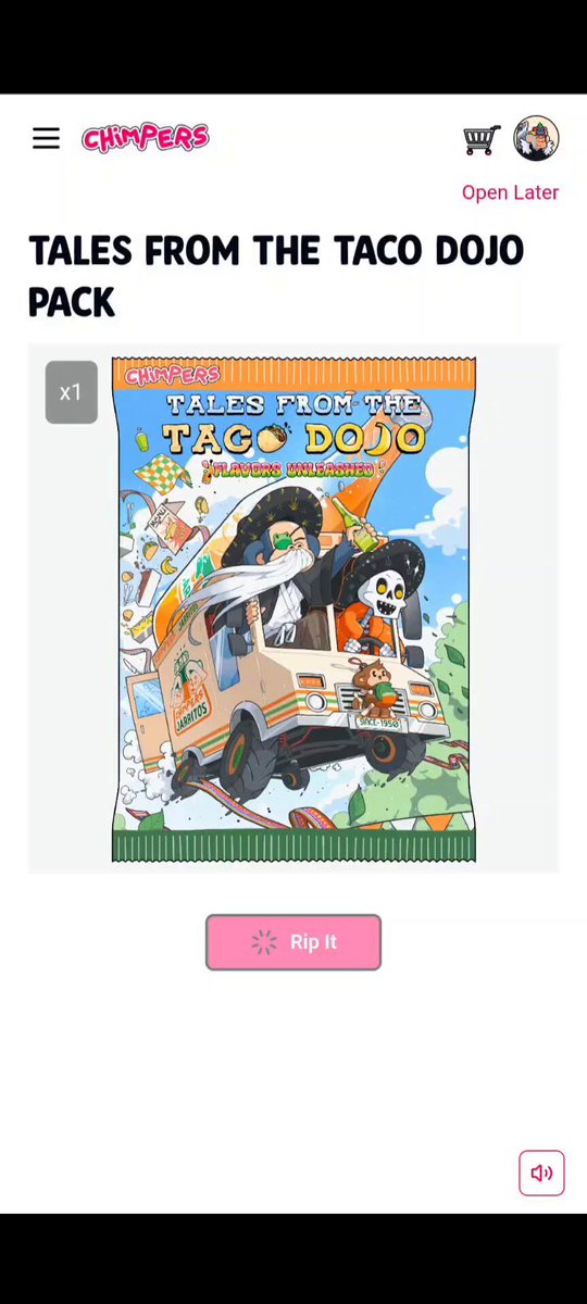 The image shows an open laptop screen displaying a website called "ChoppersHQ" with a pink background, white text, and a cartoon image of a truck carrying a person. The website appears to be selling a book titled "Tales from the Taco Dojo". A pink button is located in the bottom right corner of the image, which says "Riig it!".