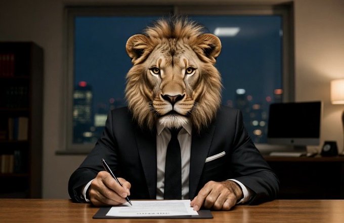 A surreal AI-generated image of an anthropomorphic lion wearing a black business suit and tie, sitting at a desk and signing a document in a modern office with a city skyline at night visible through the window.