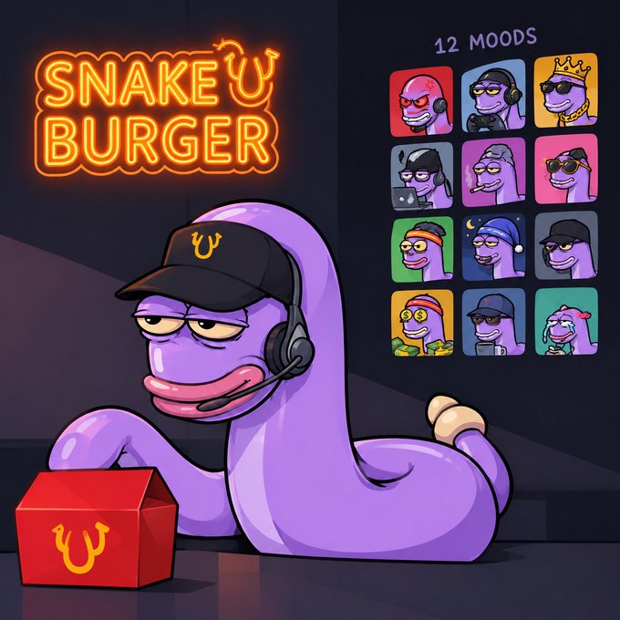 Promotional artwork for 'SNAKE BURGER' featuring a purple cartoon snake wearing a cap and headset at a fast-food counter, alongside a '12 MOODS' grid showing the character in various accessories.