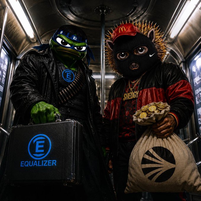 The user wants a concise caption describing the image.
I need to identify the key elements:
1.  **Characters:** Two anthropomorphic characters.
    *   Left: A green turtle-like figure (resembling a Teenage Mutant Ninja Turtle) wearing a black jacket, a bandolier of bullets, and a blue mask/headband with an "E" logo. He is holding a black briefcase.
    *   Right: A hedgehog-like figure (resembling Sonic or a similar character) wearing a black ski mask, a red cap with a McDonald's "M" logo, a spiked collar, and a red/black jacket. He is holding a sack of gold coins.
2.  **Setting:** Inside a subway car or train.
3.  **Text/Logos:**
    *   On the briefcase: A blue circle with an "E" inside and the word "EQUALIZER" below it.
    *   On