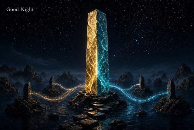 A fantasy digital artwork depicts a tall, glowing split monolith of golden and blue light standing on rocky islands in dark water under a starry night sky, with the text 'Good Night' in the corner.