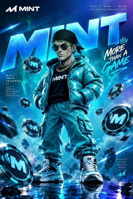 A stylized digital poster for 'MINT' featuring a cool-looking character in a teal puffer jacket and sunglasses, surrounded by floating MINT tokens, with the tagline 'MORE THAN A GAME' and text promoting 'PLAY x EARN x BUILD'.