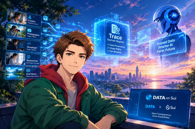 A colorful AI-themed digital illustration shows a young person before a futuristic city skyline, holographic panels, and text including “Trace Onchain Registry,” “Trusted Data Smarter AI Fairer Future,” and “DATA on Sui.”